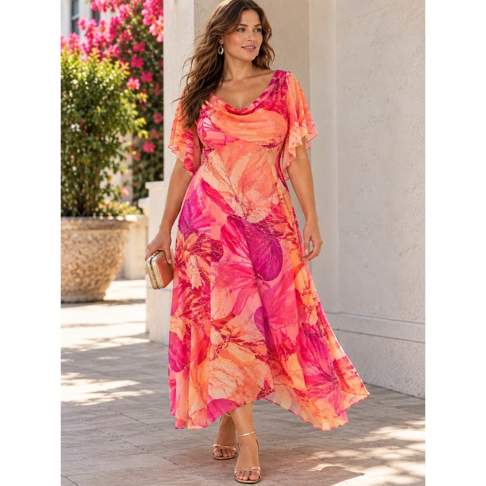 Robbie Bee Pink Floral Beaded Cowl Neck Midi Dress 14W Y2K Fairycore Cocktail